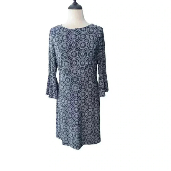 Tommy Hilfiger Navy Blue & White Medallion Print 3/4 Sleeve Back Zip Dress 8 - Picture 1 of 10